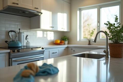 Foto van een fonkelnieuwe residentiële keuken na grondige schoonmaak, glimmende aanrechtbladen en apparatuur
